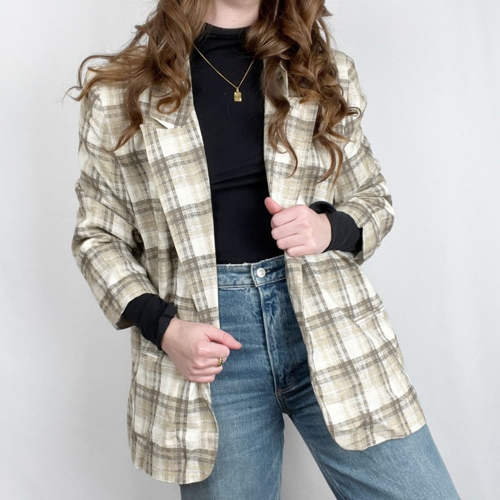 Vintage Parisian Plaid Oversized Preppy Linen Blazer Long Jacket Pea Coat Preppy